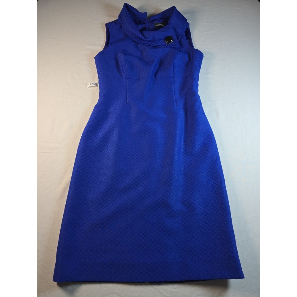 Tahari Arthur S. Levine Blue Textured Sheath Dress SQ Button Closure Size 6